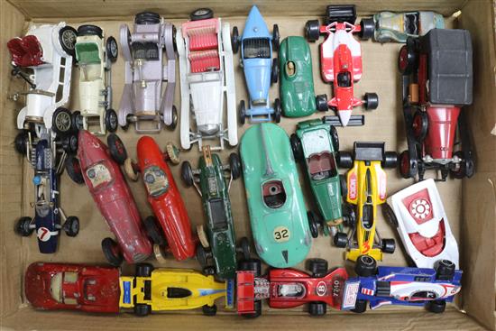 A collection of assorted Dinky and Matchbox racing cars, coaches, etc.